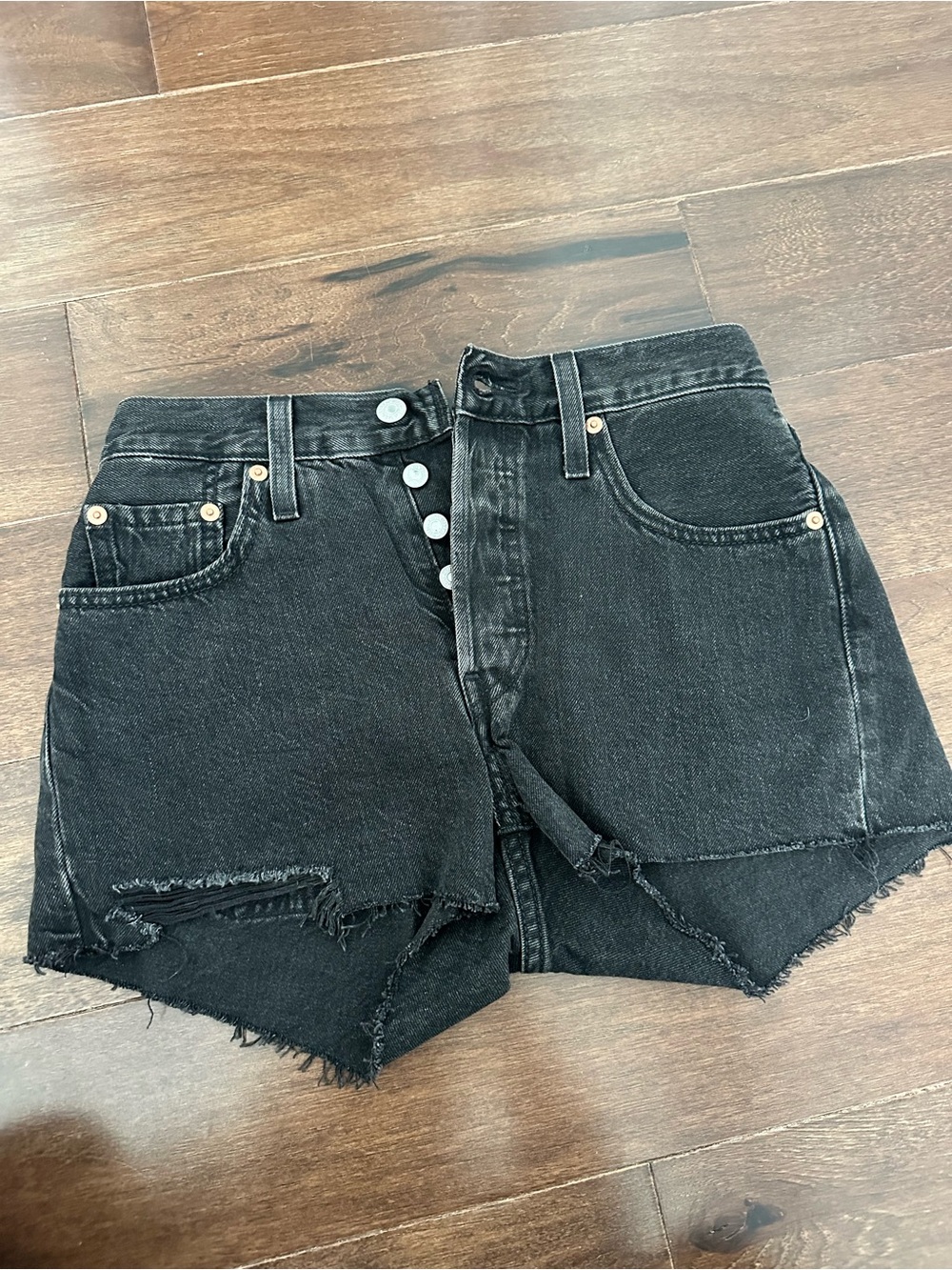 Levi's Black Washed Denim Shorts with Distressed Hem - Picture 1 of 4